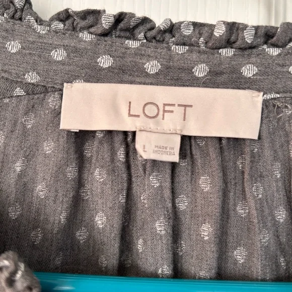 Loft; grey with dots, button front long sleeve blouse, Size Large - Picture 2 of 6